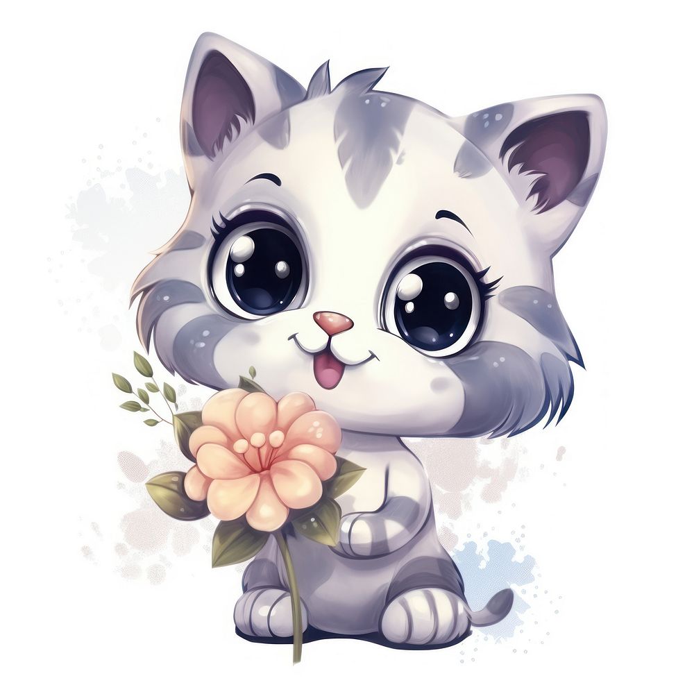 Watercolor baby cat hold flower cartoon drawing animal.