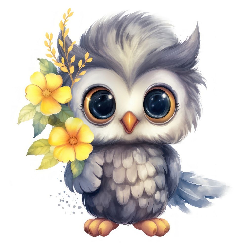 Watercolor baby owl hold flower drawing cartoon animal.