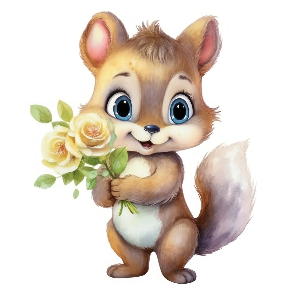 Watercolor baby squirrel hold flower cartoon cute representation.