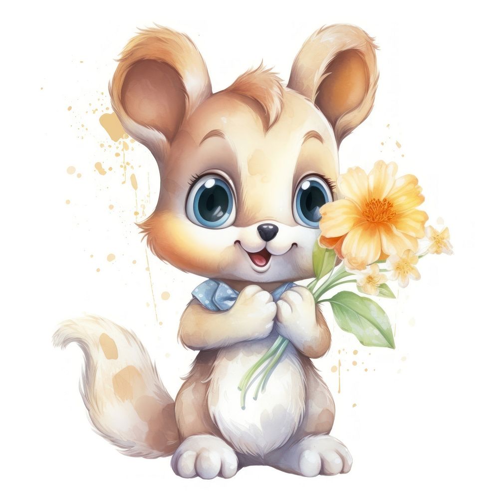 Watercolor baby squirrel hold flower cartoon plant cute.