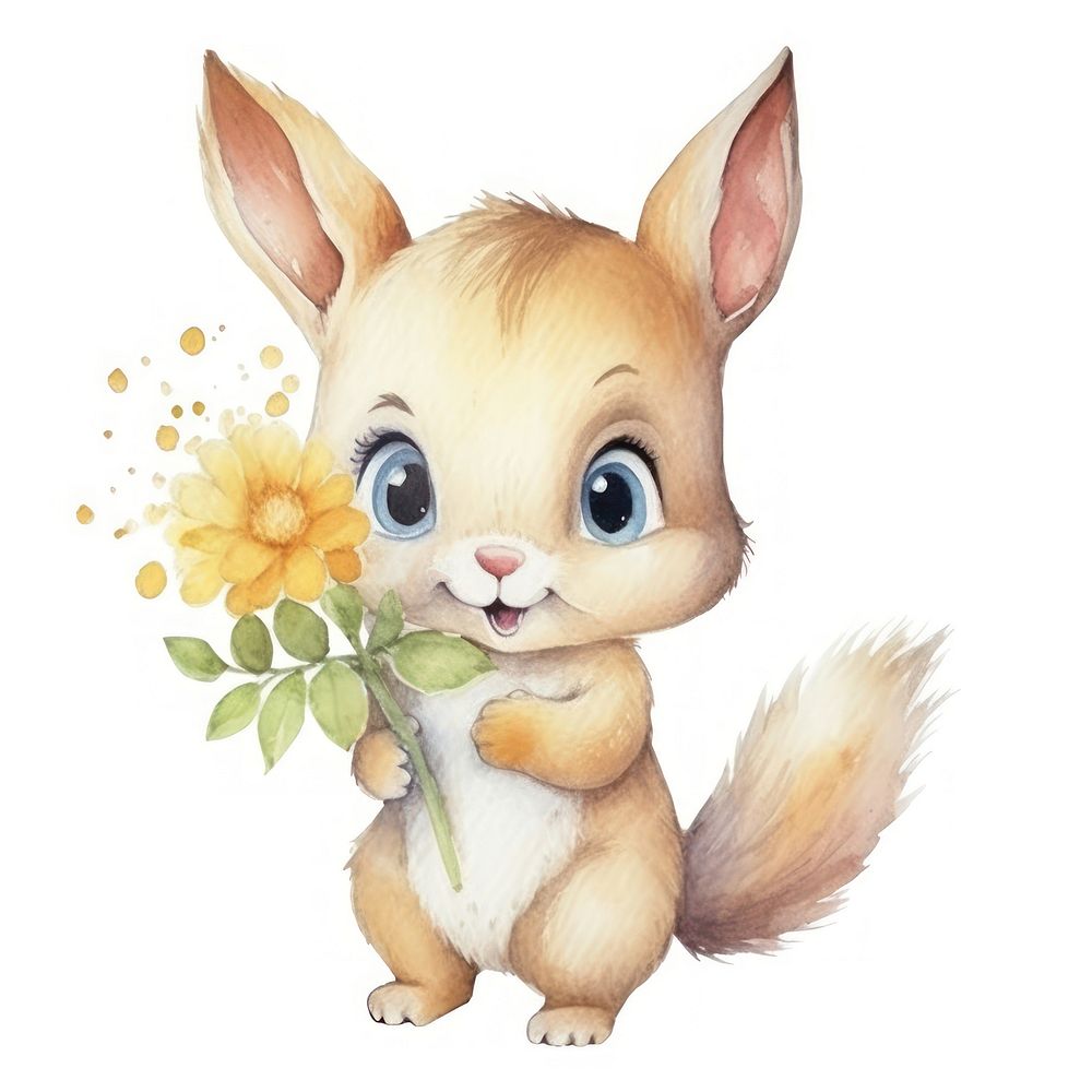 Watercolor baby squirrel hold flower cartoon mammal animal.