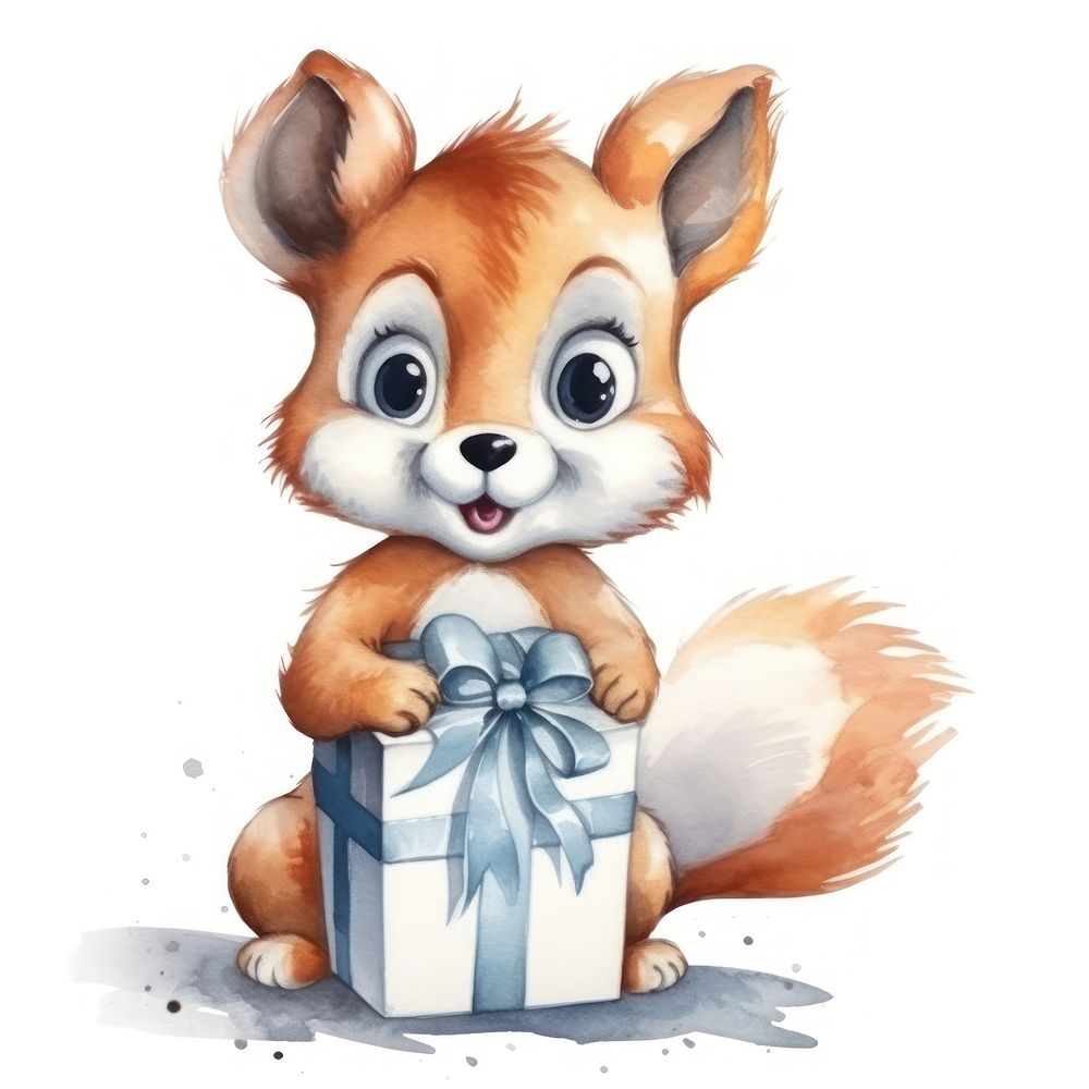 Watercolor baby squirrel hold gift box cartoon cute toy.