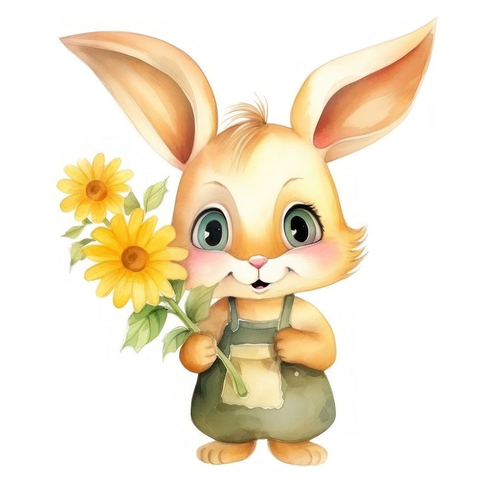 Watercolor baby rabbit hold flower cartoon plant cute.