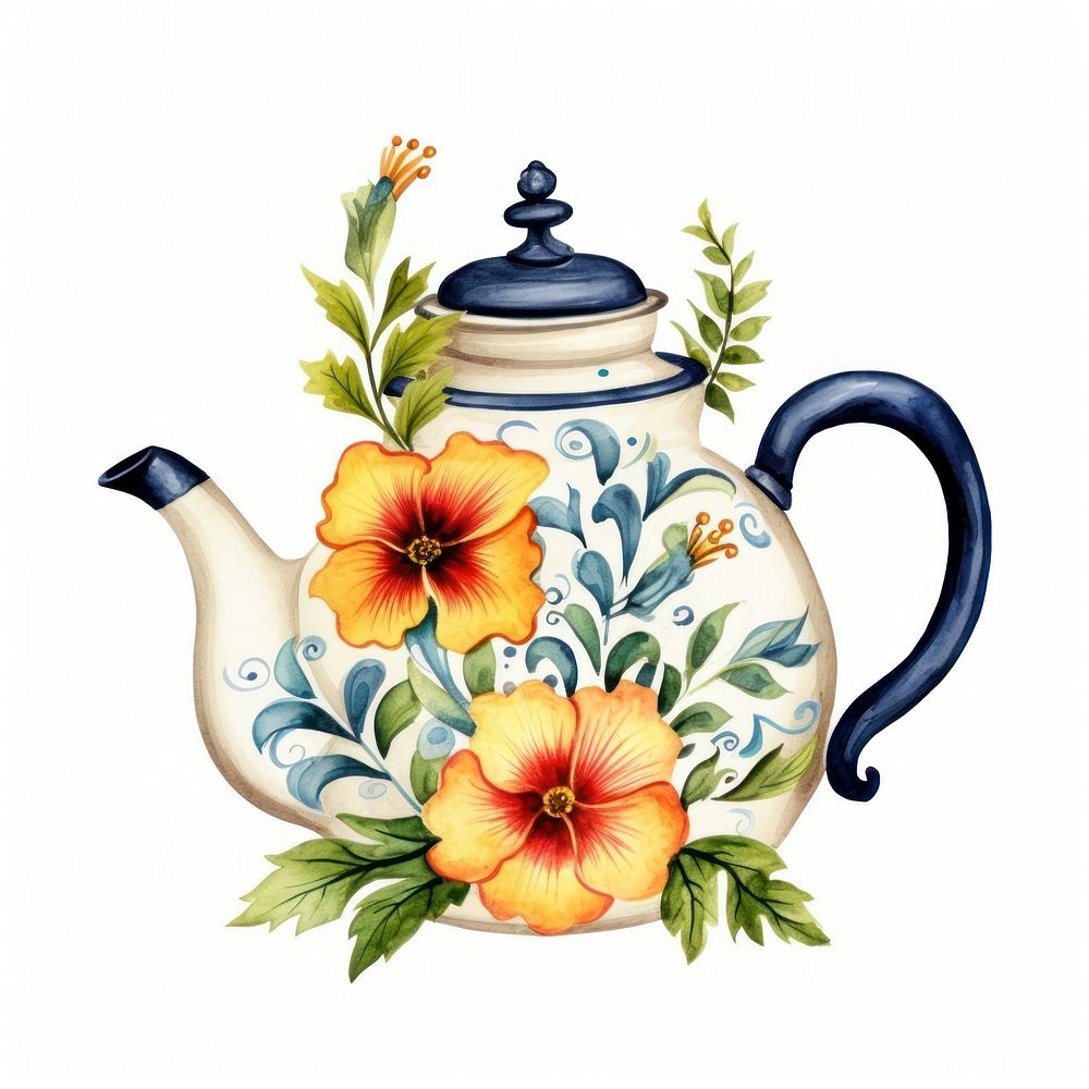 Watercolor botanical on teapot white background creativity tableware.