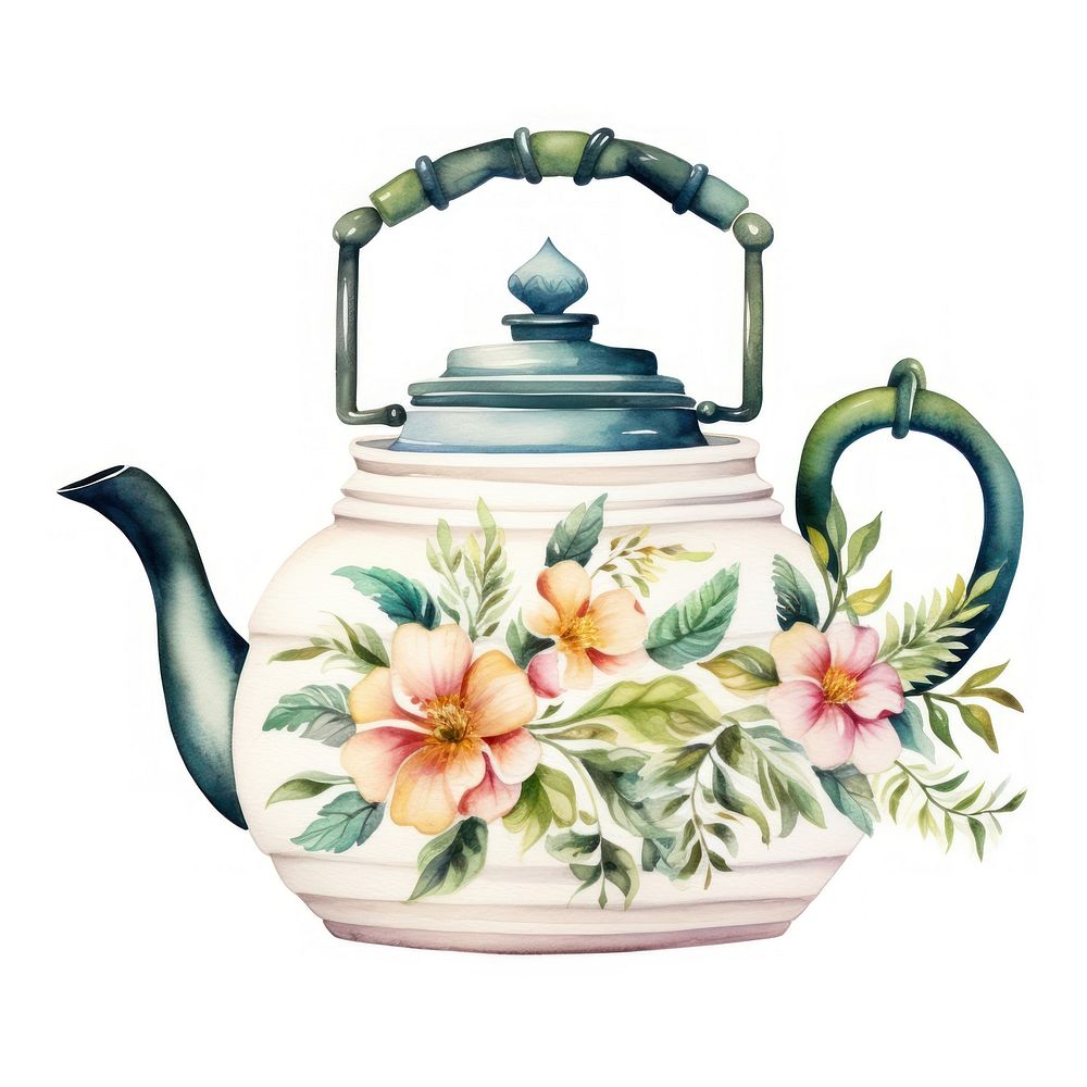 Watercolor botanical on teapot art white background creativity.