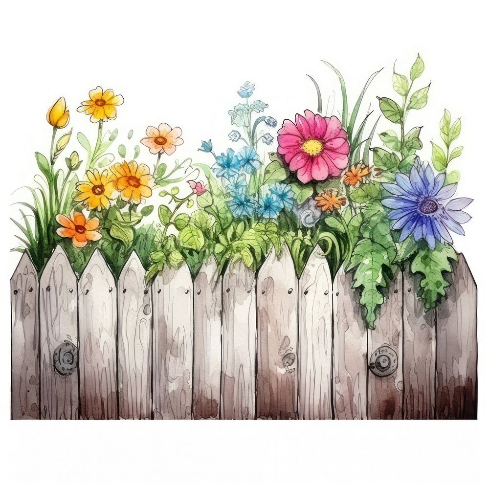 Watercolor botanical on fence outdoors flower nature.