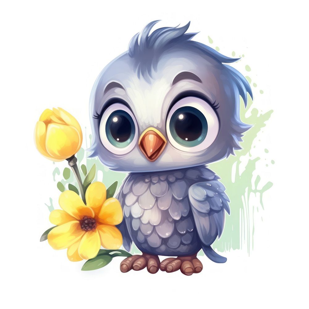 Watercolor icon baby bird hold flower cartoon plant cute.