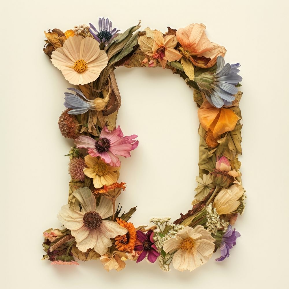 Alphabet D font flower art wreath.