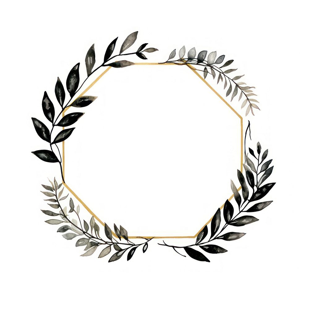 Leaves with golden hexagon frame circle plant white background.