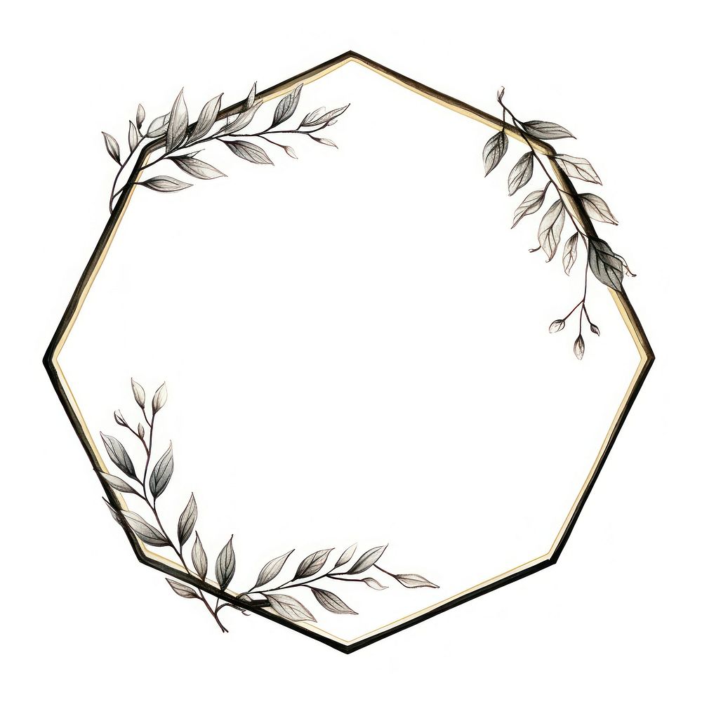 Leaves with golden hexagon frame circle white background dishware.