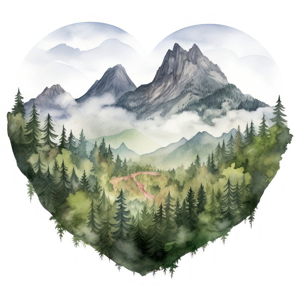 Heart watercolor mountain landscape wilderness outdoors.