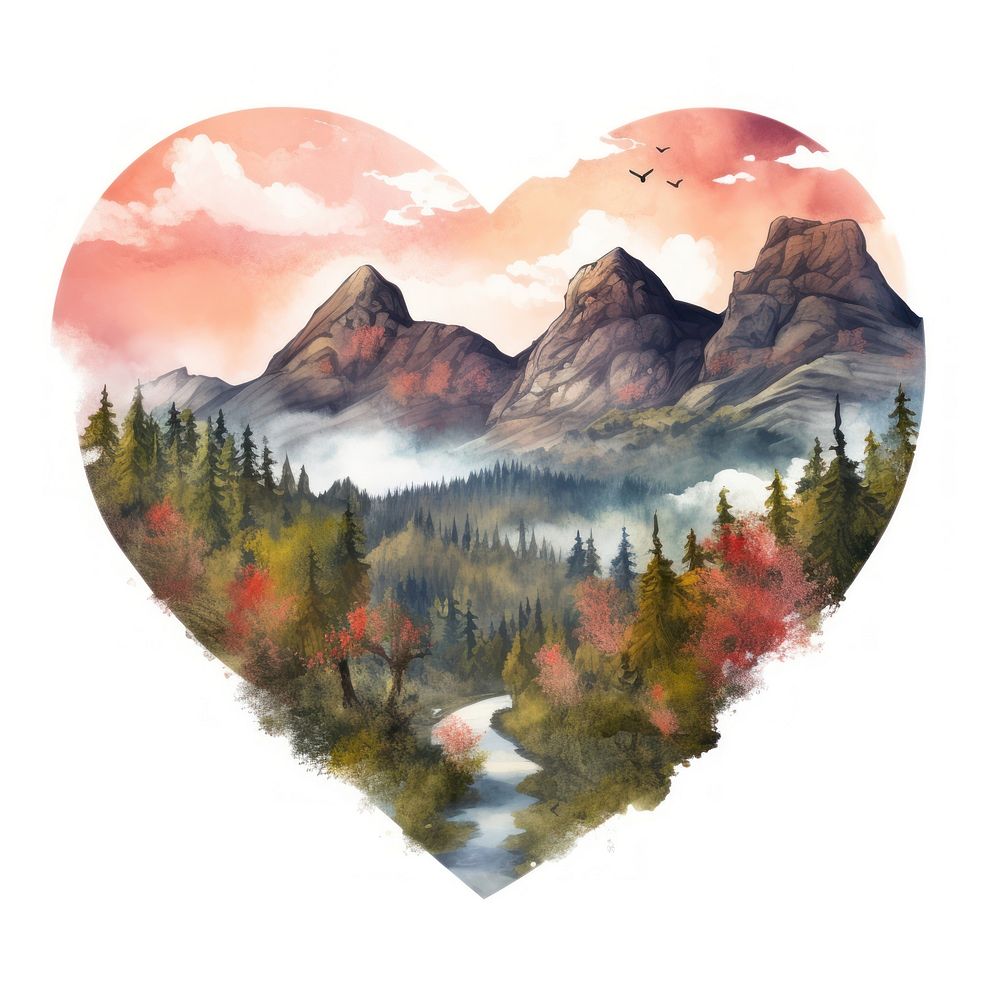 Heart watercolor mountain landscape outdoors painting.