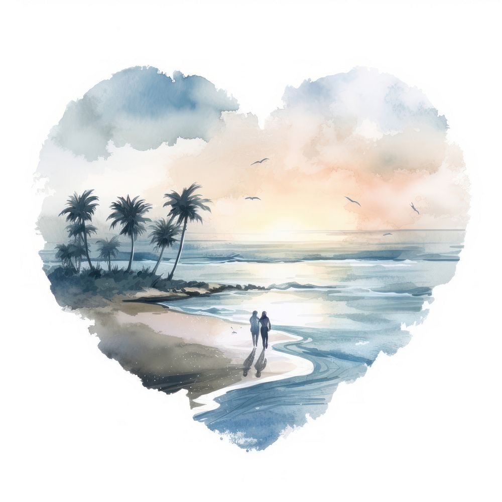 Heart watercolor beach landscape painting outdoors.