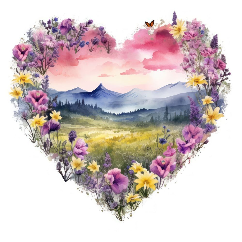 Heart watercolor flower filed landscape outdoors painting.