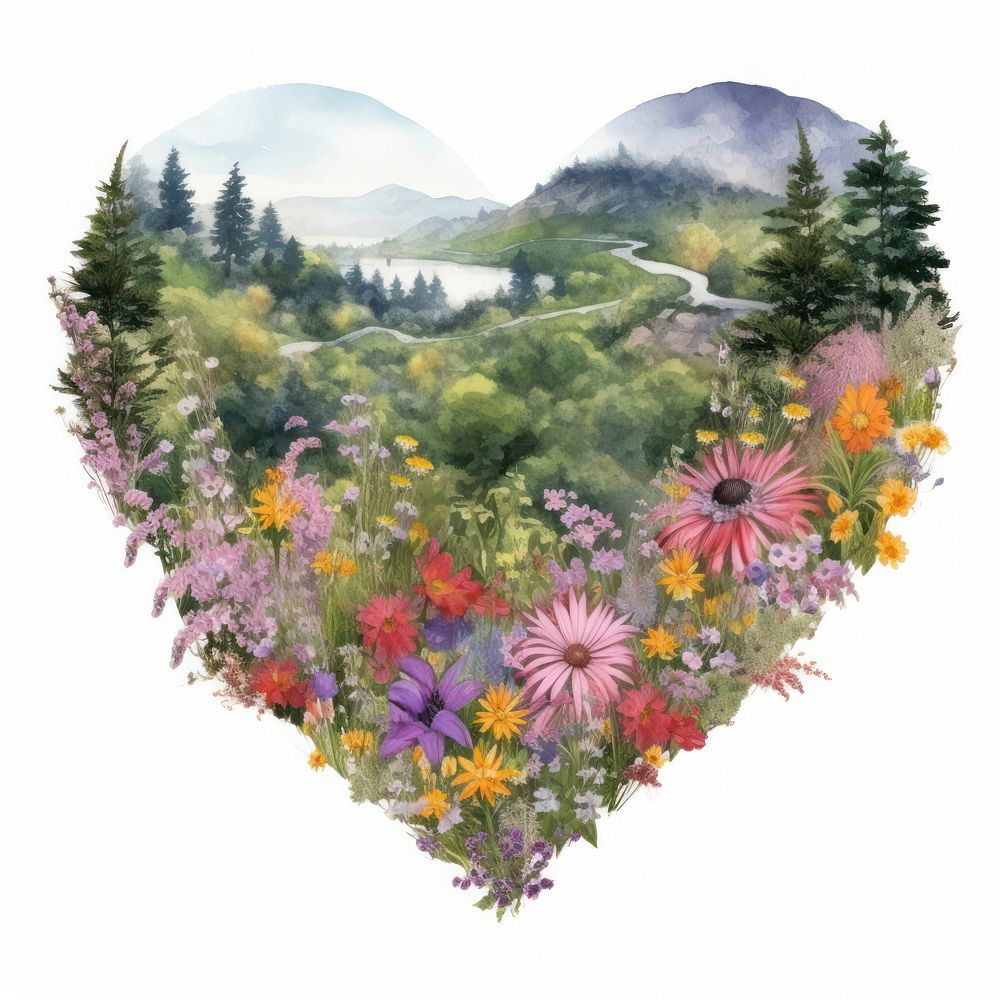 Heart watercolor flower filed landscape painting outdoors.