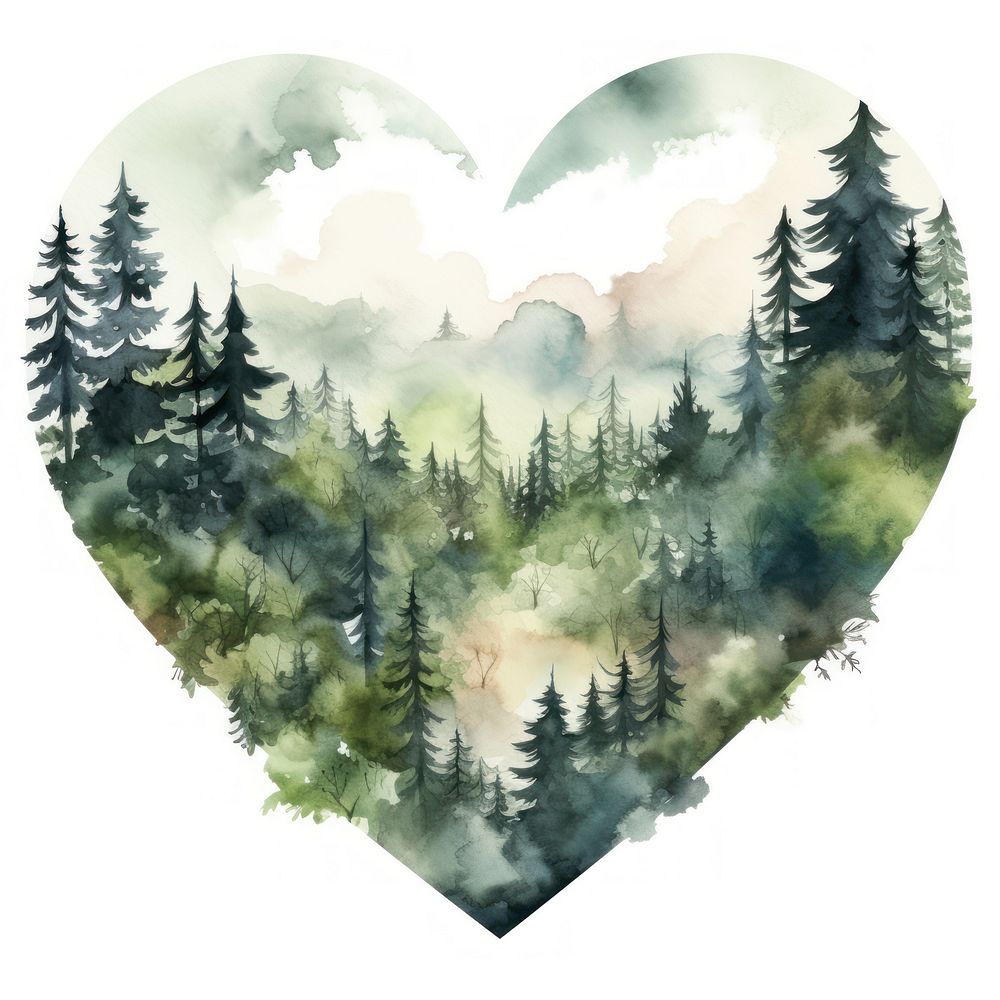 Heart watercolor forest landscape outdoors nature.