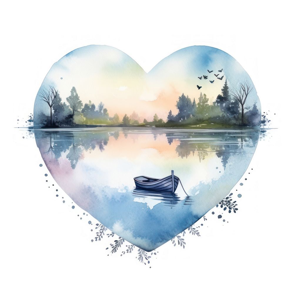 Heart watercolor lake with boat outdoors vehicle nature.