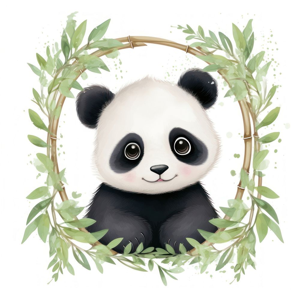 A baby panda with bamboo leaf frame mammal animal bear.
