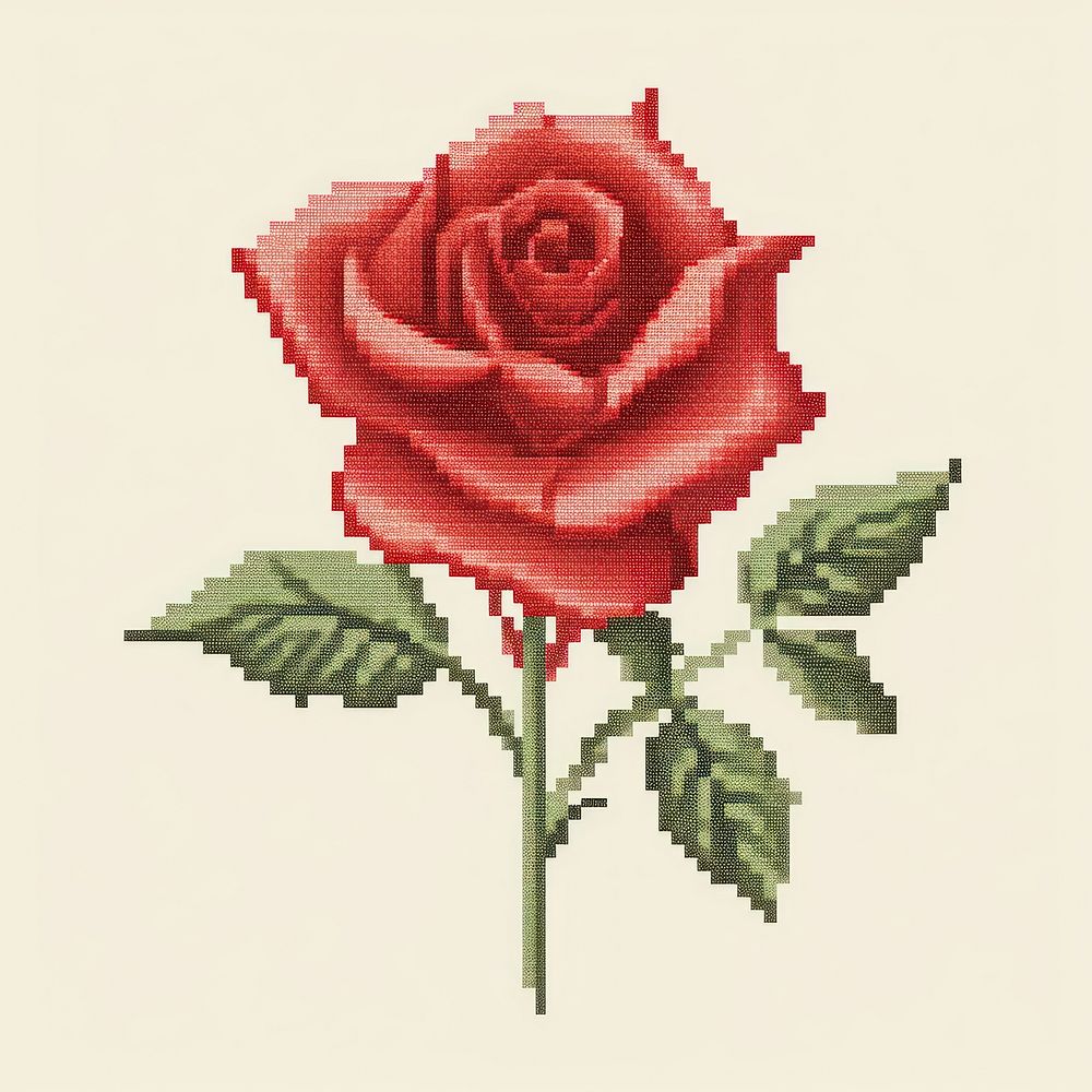 Cross stitch red rose embroidery pattern textile.