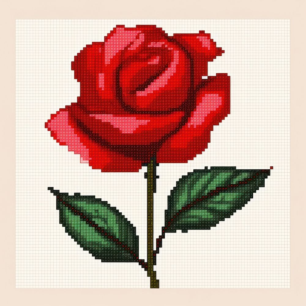 Cross stitch red rose embroidery needlework pattern.