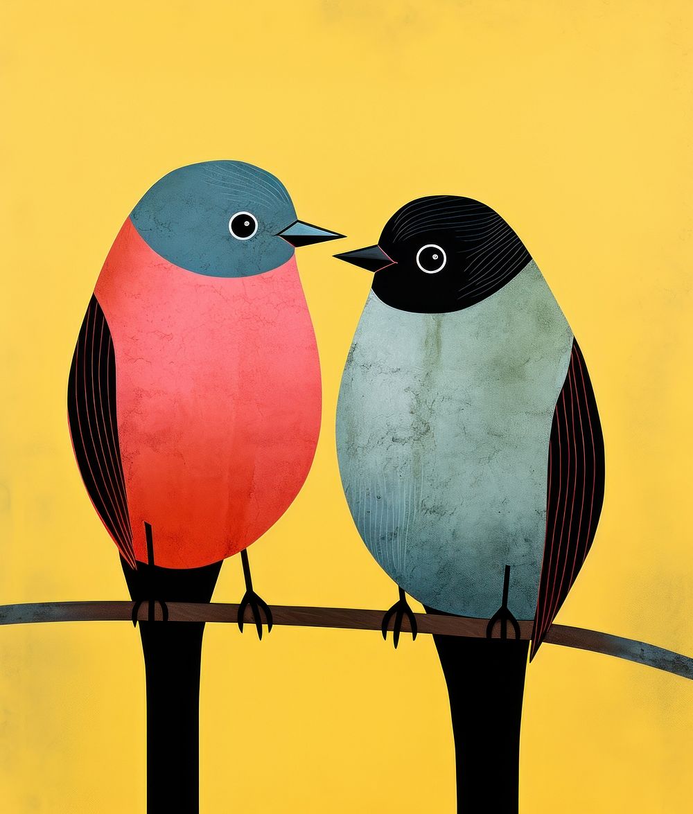 Two colored birds art animal beak.
