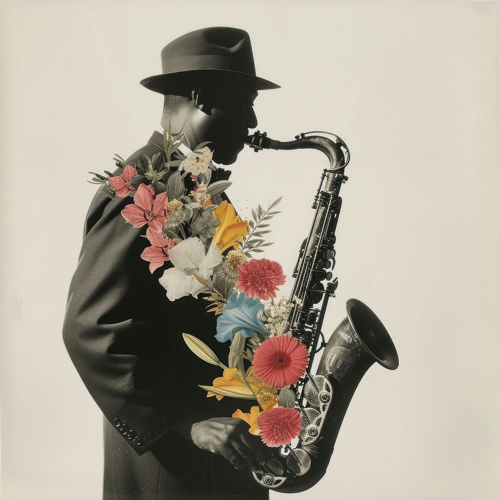 Paper collage of saxophone flower adult art.