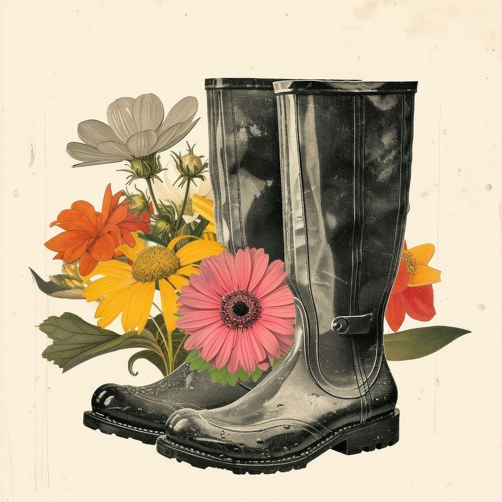 A pair of rain boots flower art footwear.