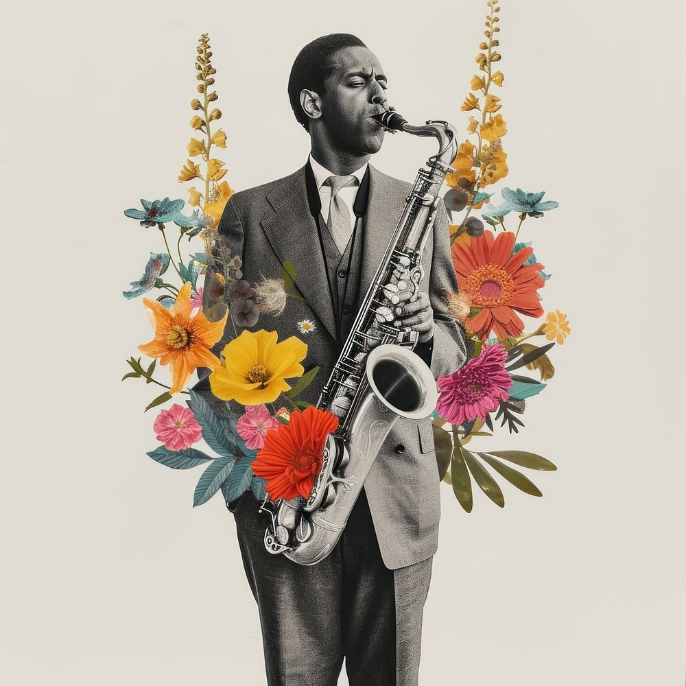Paper collage of saxophone flower adult saxophonist.