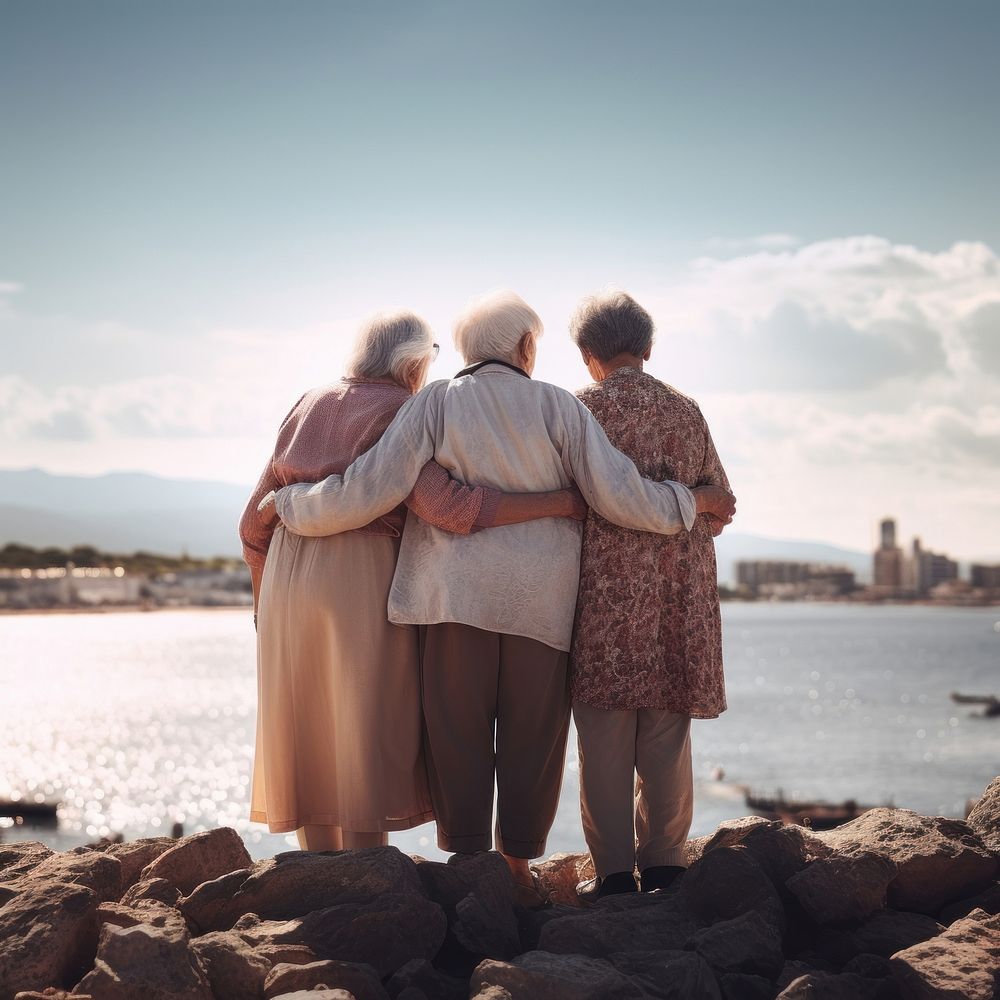 3 friends Japanese elderly sea outdoors hugging.
