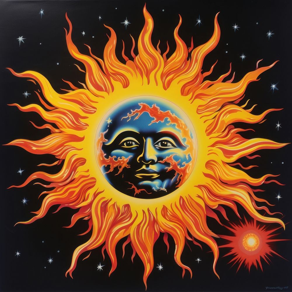 A lively celestial sun art painting fire.