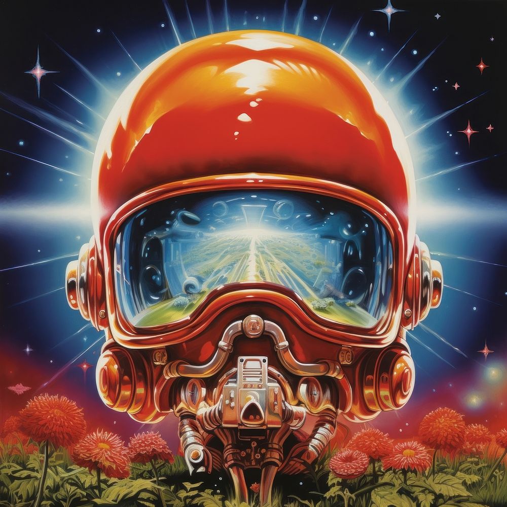 A mushroom growing on an astronaut helmet art advertisement screenshot.