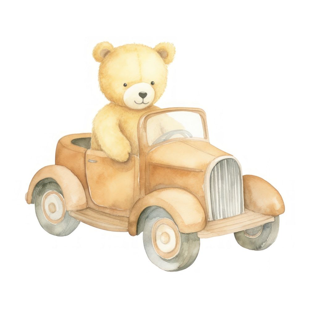 Teddy bear car toy white background.
