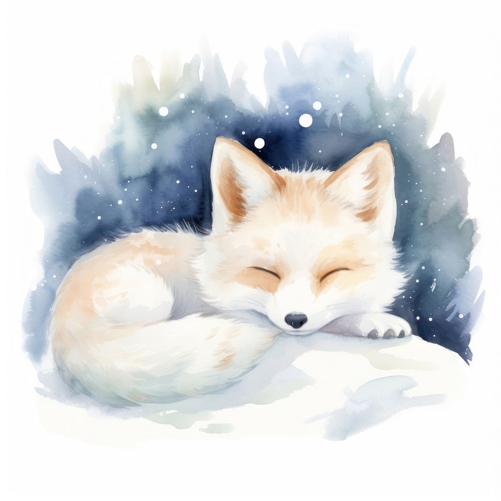 Watercolor white fox sleeping animal cartoon mammal.