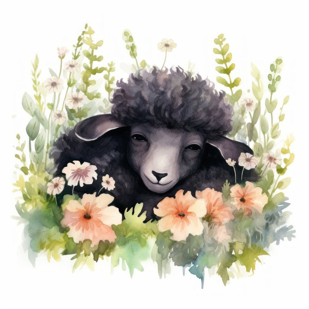 Watercolor black sheep sleeping animal flower livestock.