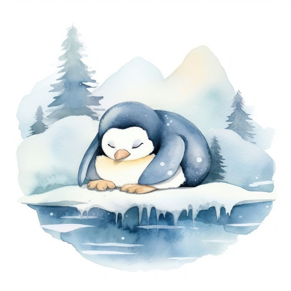 Watercolor penguin sleeping animal outdoors cartoon.