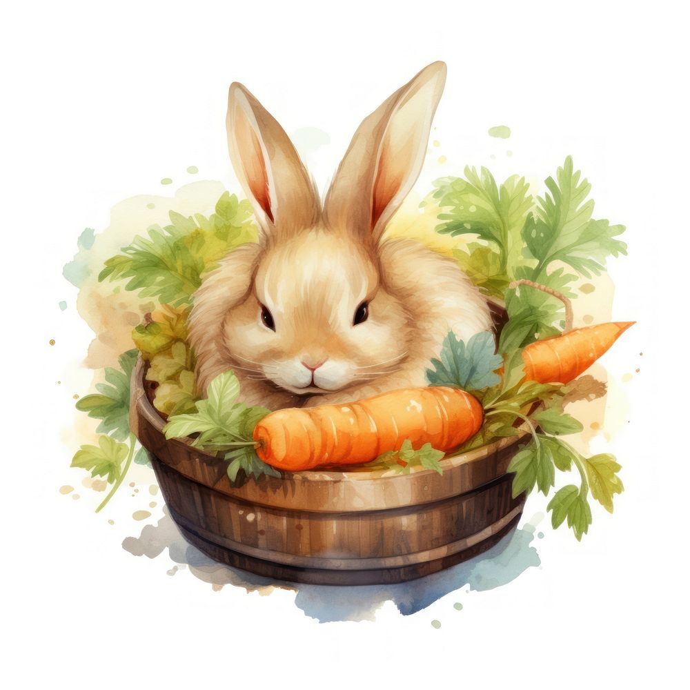 Watercolor rabbit sleeping carrot animal vegetable.