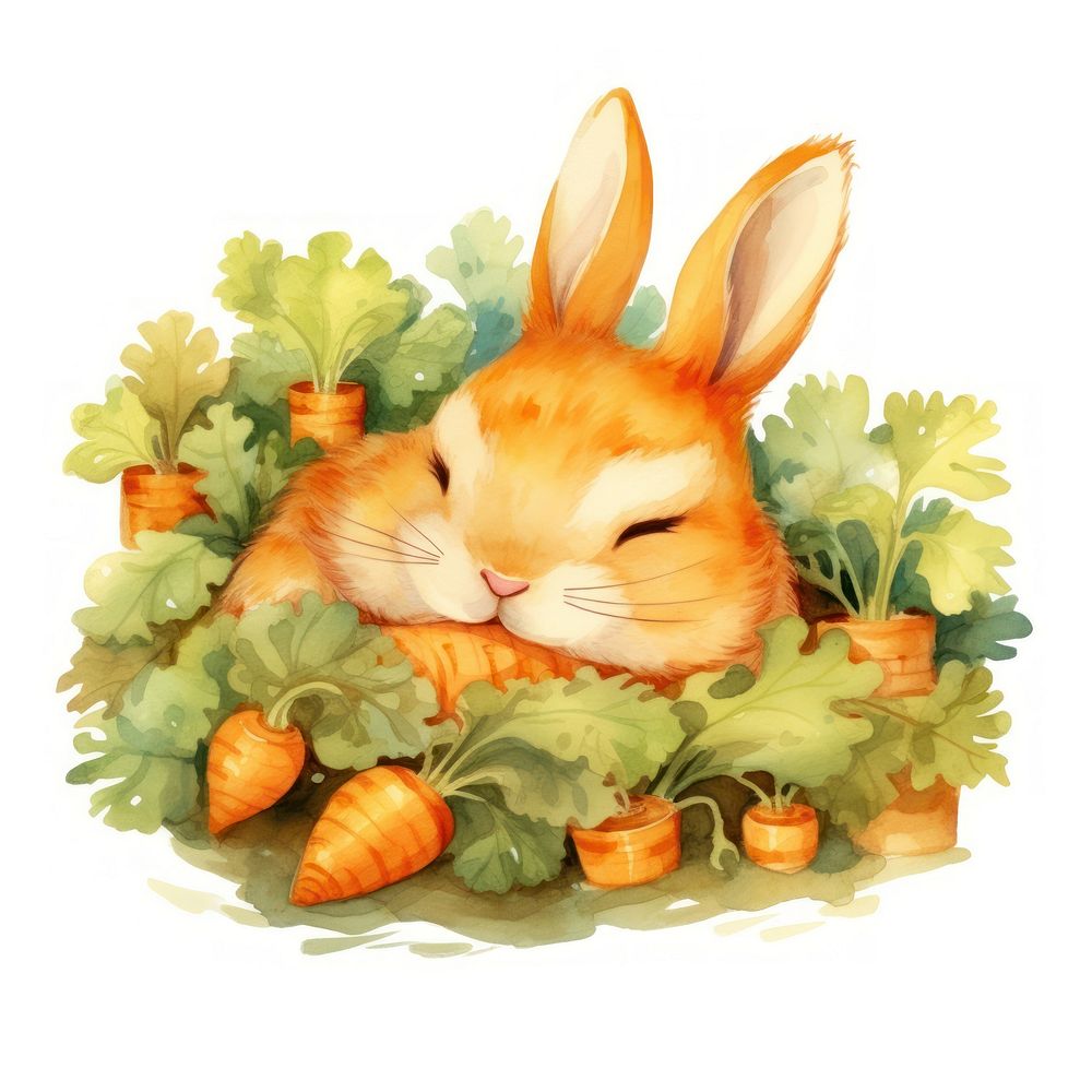 Watercolor rabbit sleeping animal carrot cartoon.