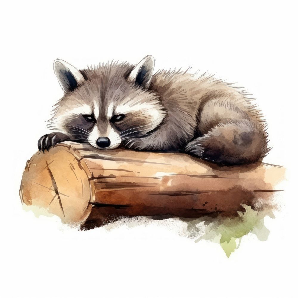 Watercolor raccoon sleeping animal cartoon mammal.
