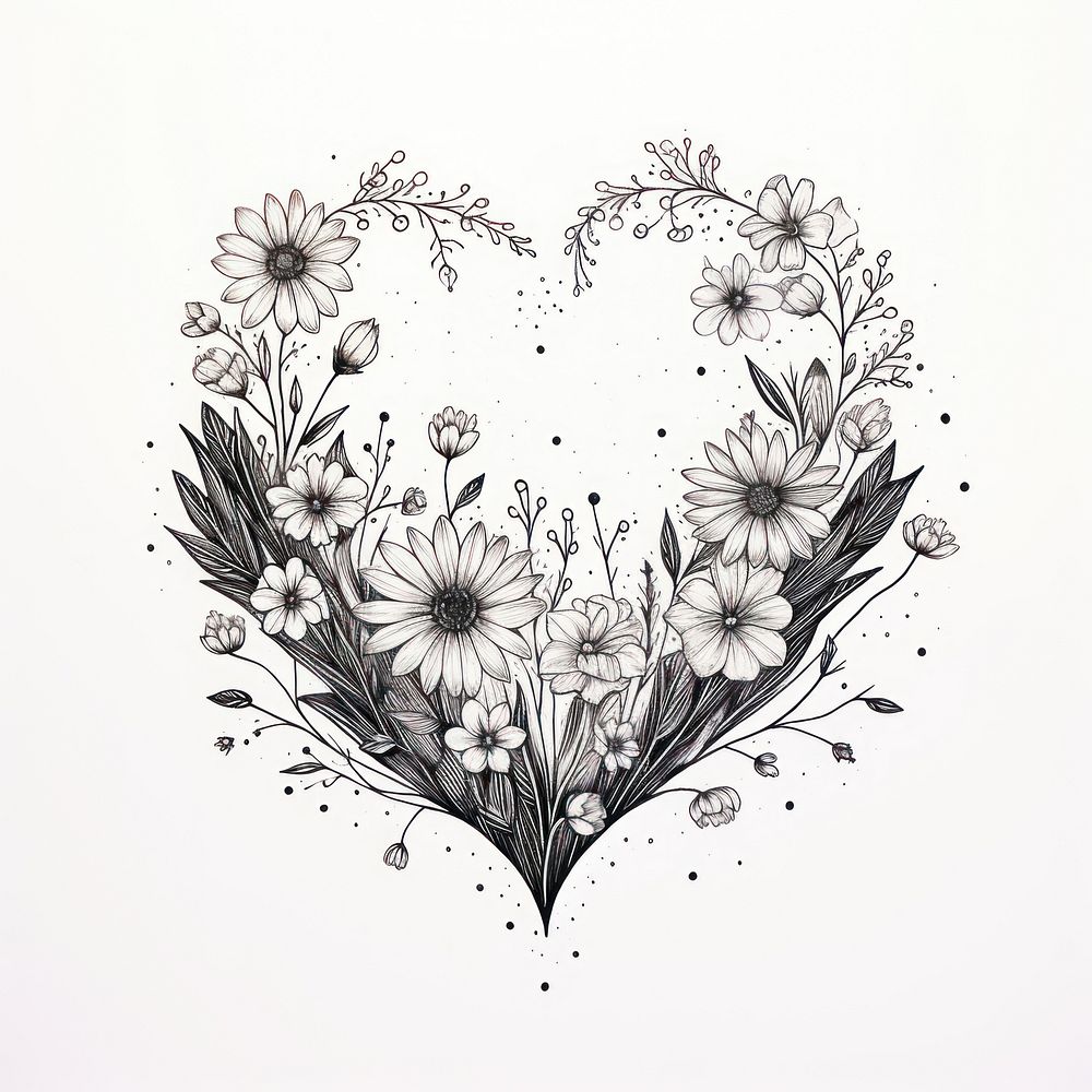 Heart and flowers pattern drawing sketch.
