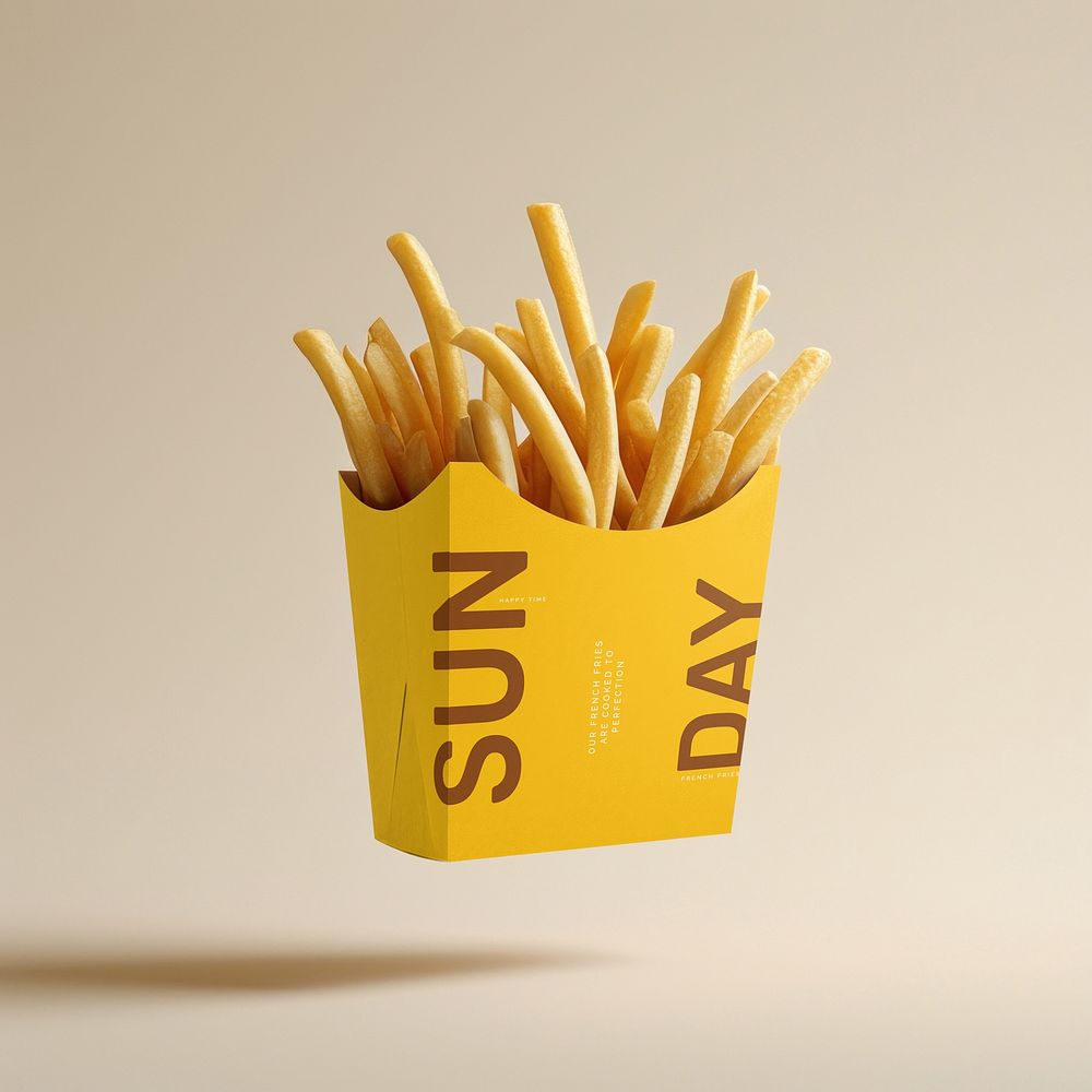 French fries in yellow box mockup psd
