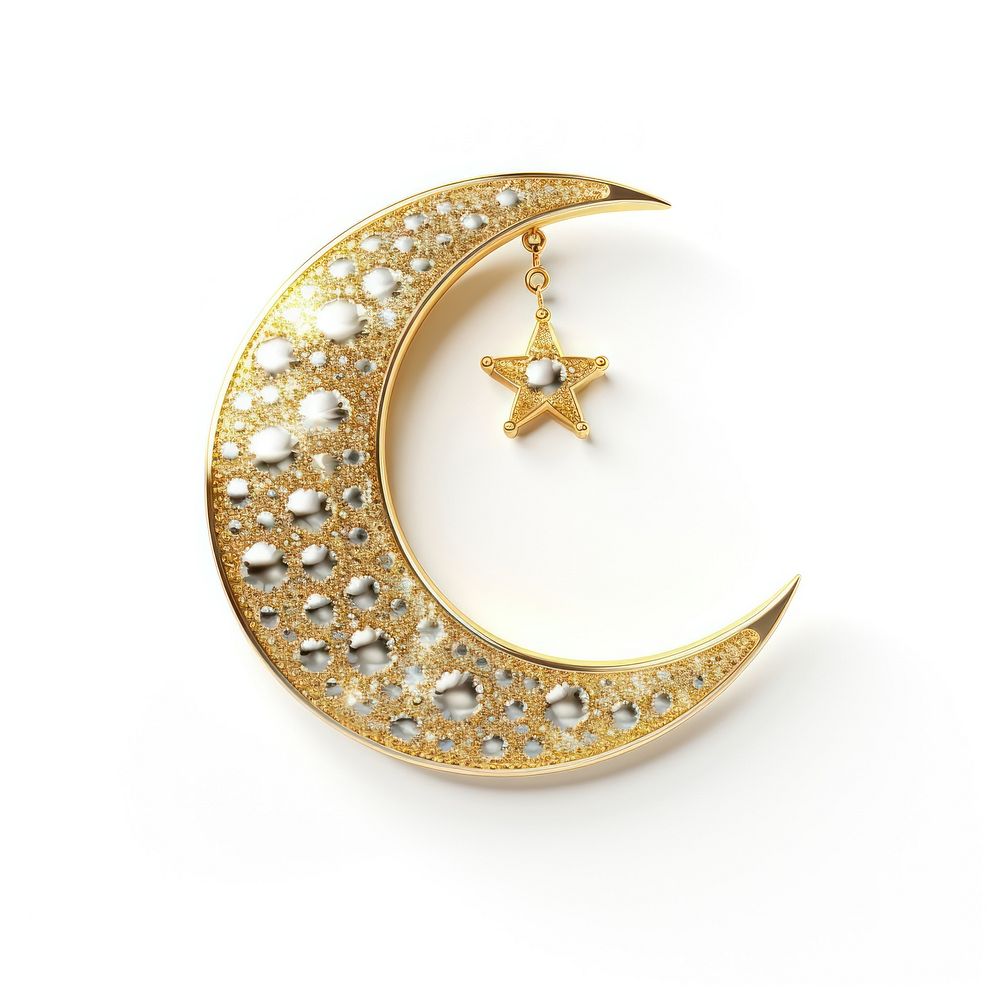 Eid Mubarak crescent moon gold jewelry white background.