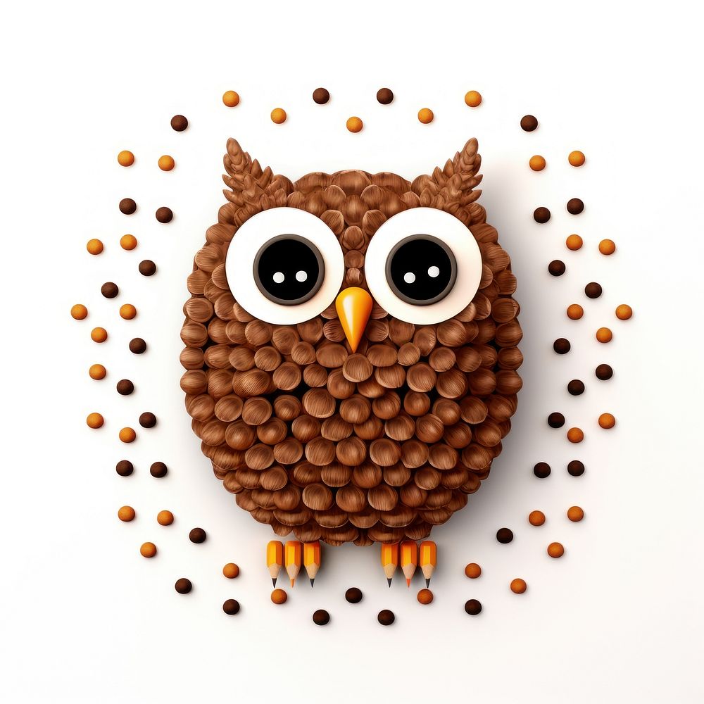 Cute brown owl crayon animal bird white background.