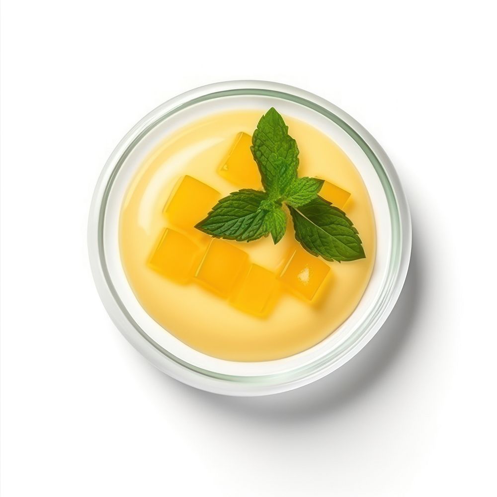 Mango Panna cotta with mango jelly and mint plant herbs food.