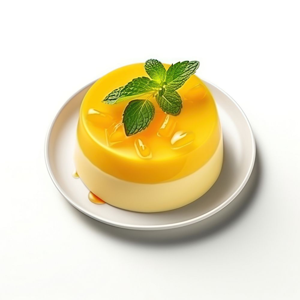 Mango Panna cotta with mango jelly and mint dessert plate food.