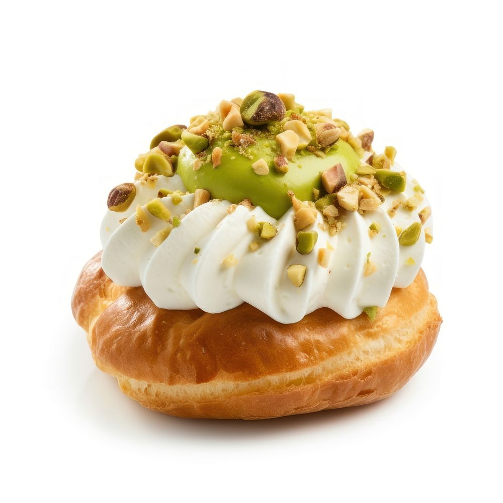 Choux cake with pistachio cream and nuts dessert pastry bread.