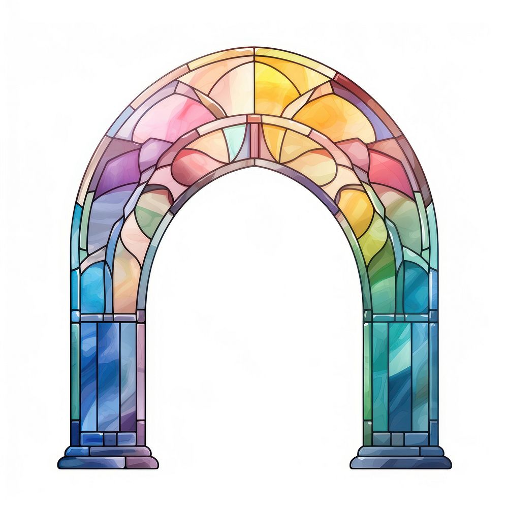 Arch art nouveau with rainbow architecture glass white background.
