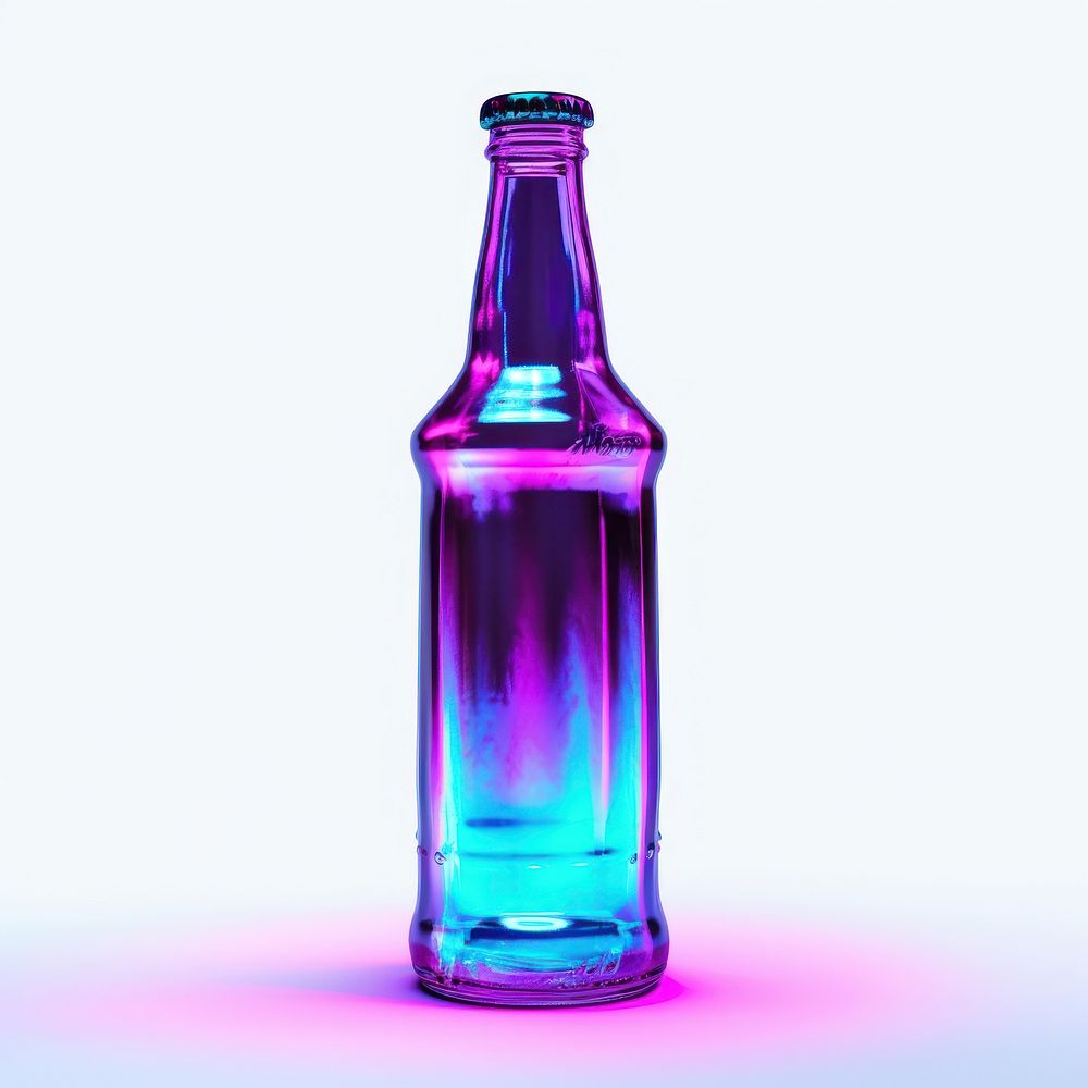 Neon beer craft bottle glass drink white background.