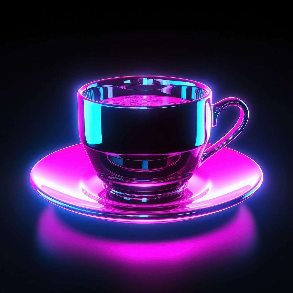 Neon coffee cup shape saucer purple light.