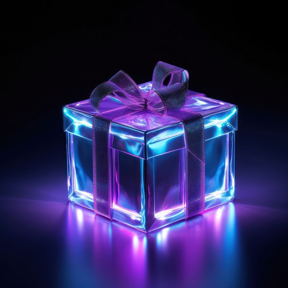 Neon gift box purple light illuminated.