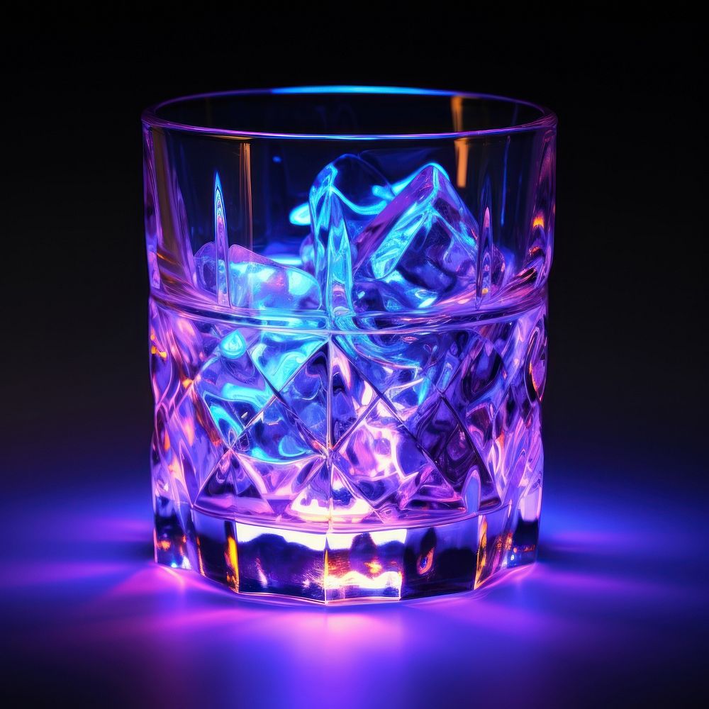 Neon whisky glass lighting purple illuminated.